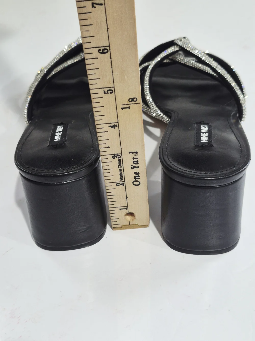 Nine West Black Heeled Slide Sandals with Silver Crystal Straps Size 12